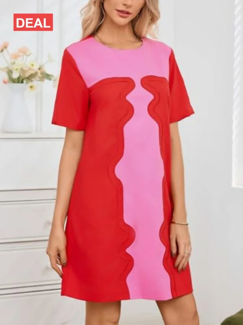 Color Block Shift Dress Cotton Linen Short Sleeve Embroidered Mini Dress with - Picture 2 of 6